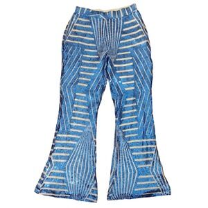Blue Sequin Disco Bellbottom Geometric Wide Leg Flare Pants Festival Party Large